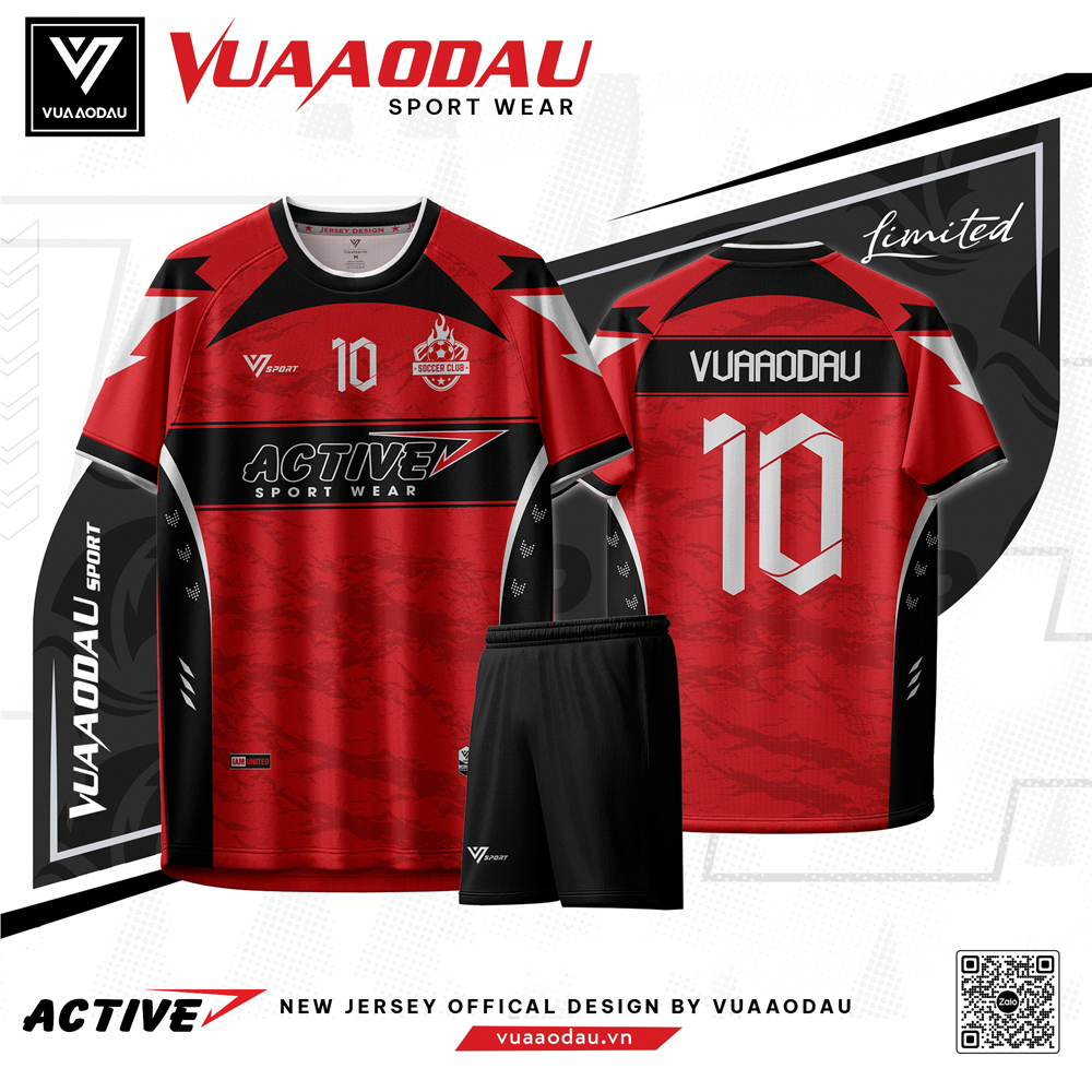 Áo Bóng Đá Active 1 màu đỏ nổi bật với thiết kế họa tiết in chìm và điểm nhấn màu đen trắng cá tính