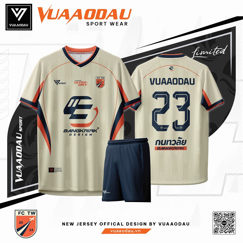 Áo bóng đá Compass màu kem nhạt kết hợp xanh đen và cam - thiết kế thể thao tối ưu