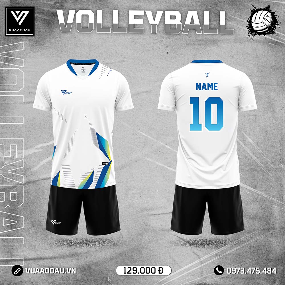 Áo bóng chuyền nam trắng họa tiết xanh dương xanh lá năng động