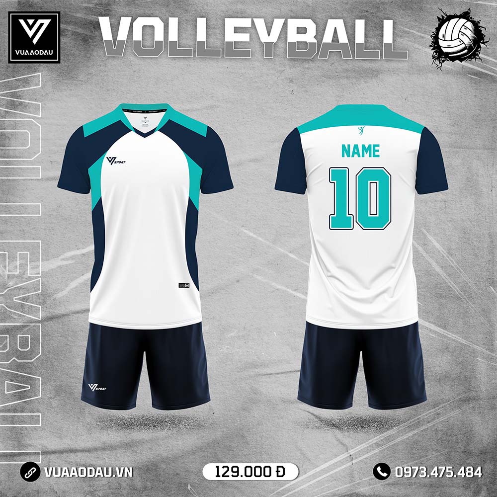 Bộ quần áo bóng chuyền trắng phối xanh navy và xanh ngọc lam cho nam nữ