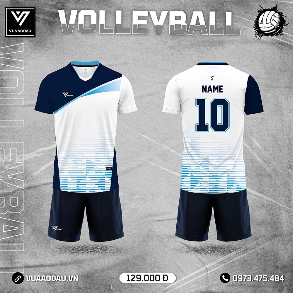 Áo bóng chuyền thi đấu phối trắng xanh navy hiện đại