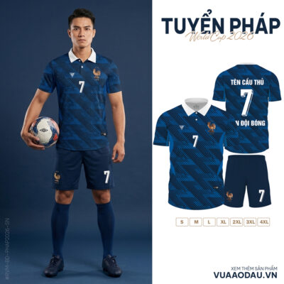 Đồng Phục Bóng Đá Pháp World Cup 2026 Xanh Dương Đậm Kẻ Sọc