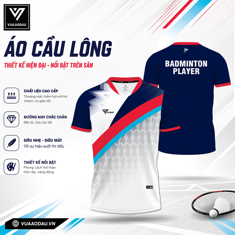Áo cầu lông VAD-04 phối màu xanh navy đỏ năng động