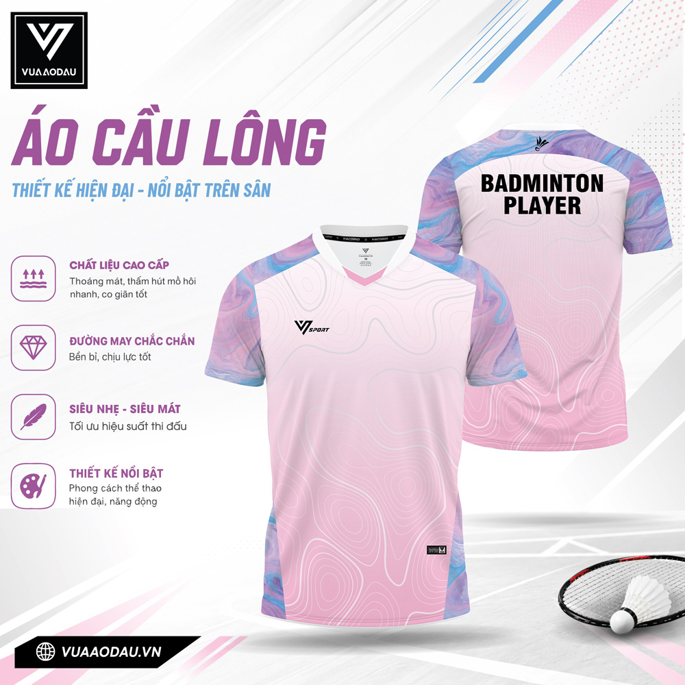 Áo cầu lông VAD-05 màu hồng pastel phối vân xanh tím phong cách hiện đại, trẻ trung.