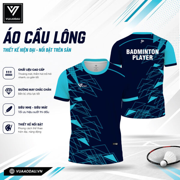Áo Cầu Lông Xanh Đậm Xanh Ngọc VAD-08 – Hoạ Tiết Hình Học Năng Động, Vải Thể Thao Cao Cấp