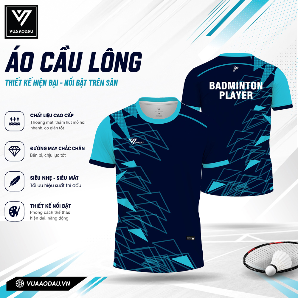 Áo cầu lông xanh đậm xanh ngọc VAD-08, thiết kế hoạ tiết hình học chuyển động, vải thấm hút cực tốt