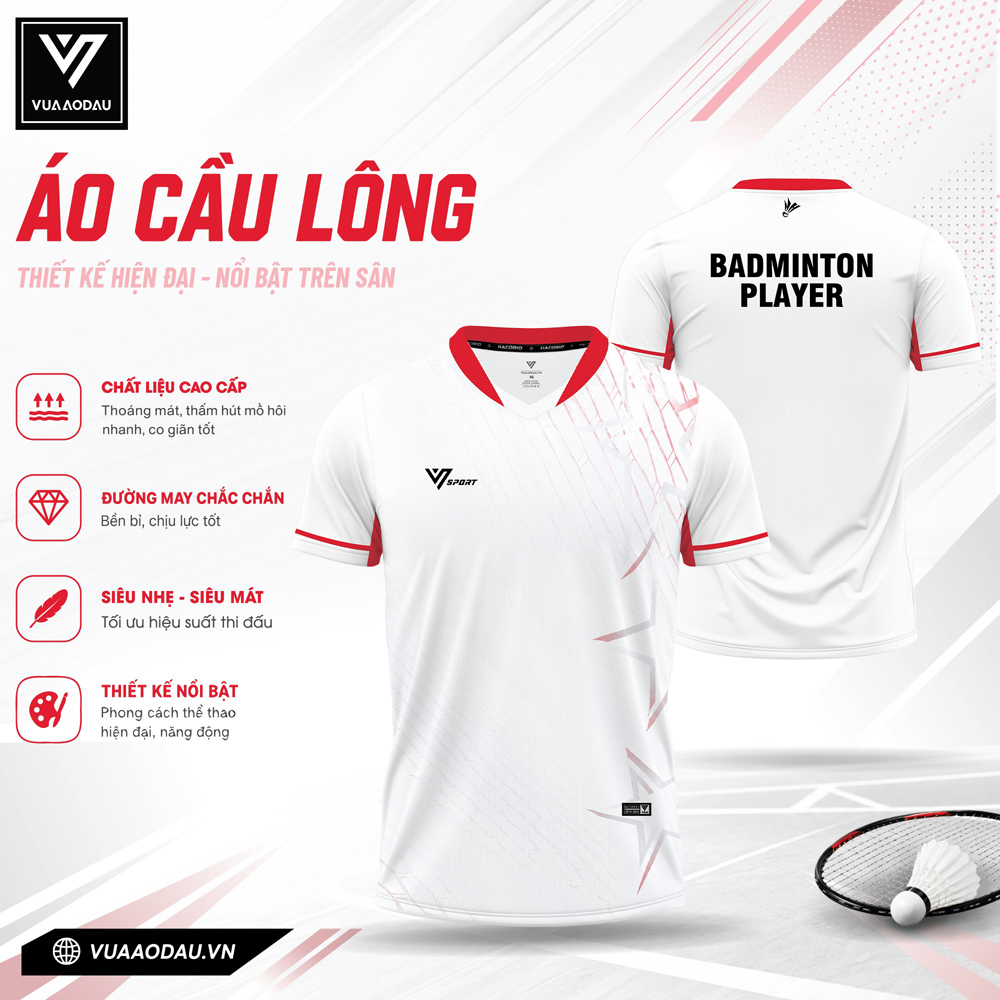 Áo cầu lông VAD-09 trắng viền đỏ, chất thể thao cao cấp, thiết kế trẻ trung