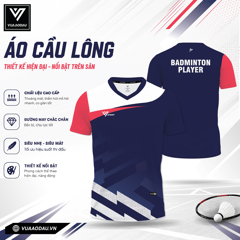 Áo cầu lông xanh navy đậm phối đỏ trắng VAD-13 chính hãng