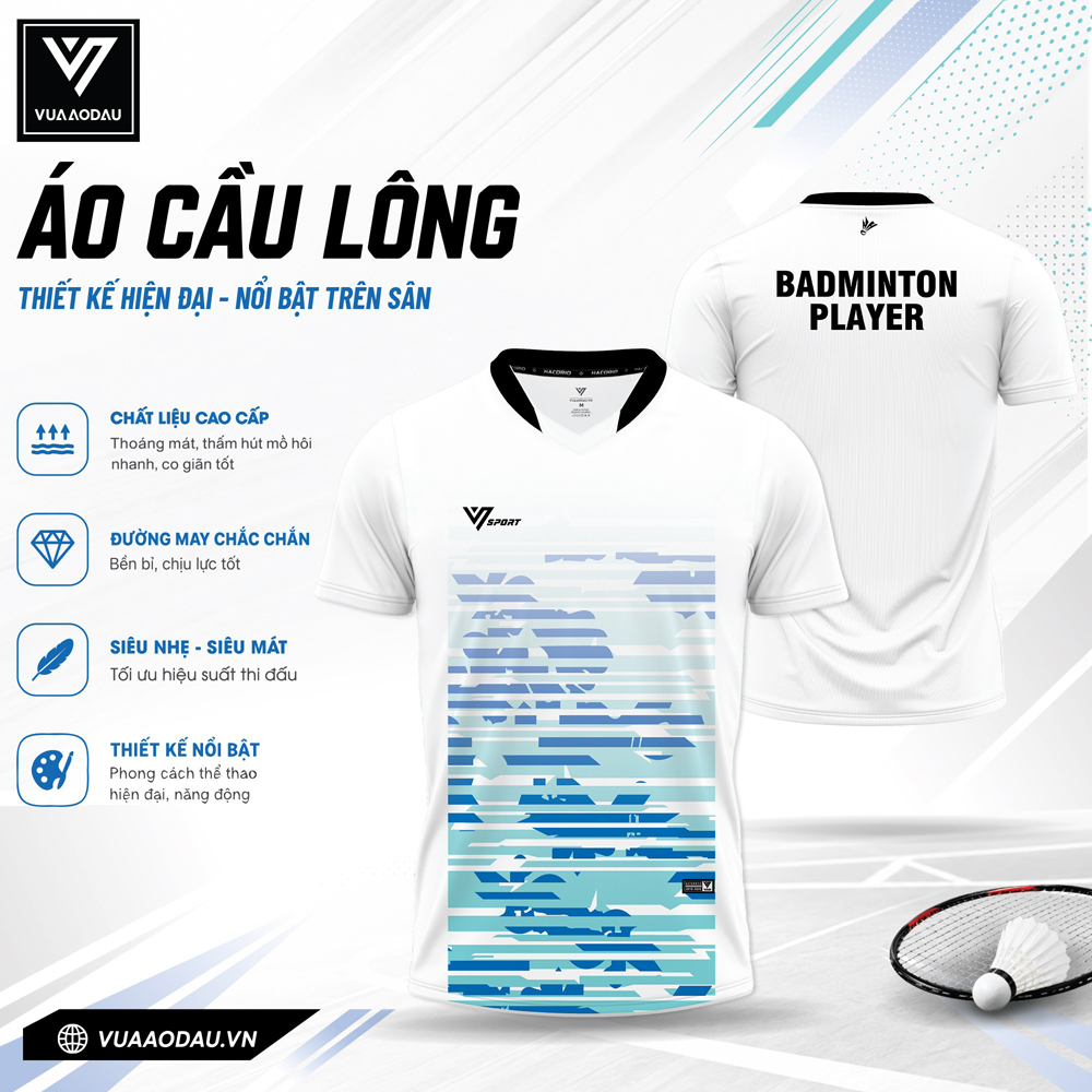 Áo cầu lông trắng họa tiết xanh lam VAD-14