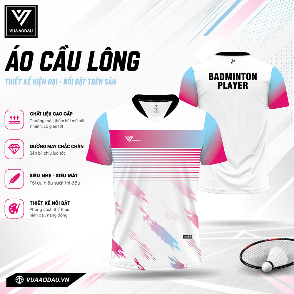Áo cầu lông trắng phối hồng xanh VAD-16, năng động, hiện đại, phù hợp thi đấu