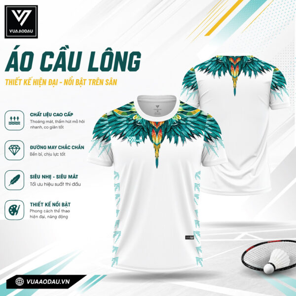 Áo Cầu Lông Trắng Đôi Cánh Xanh Vàng Cam - Năng Động & Thanh Lịch