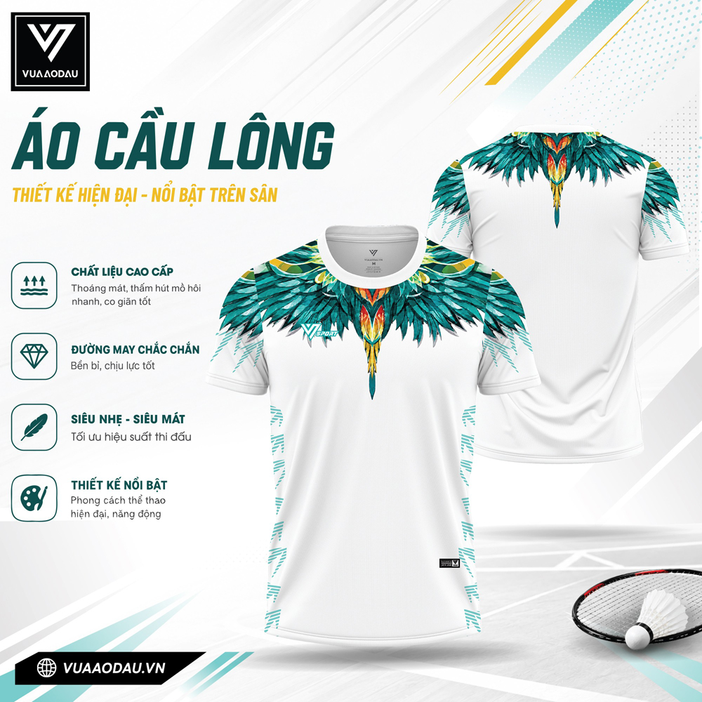 Áo cầu lông trắng họa tiết đôi cánh xanh vàng cam năng động VAD-18