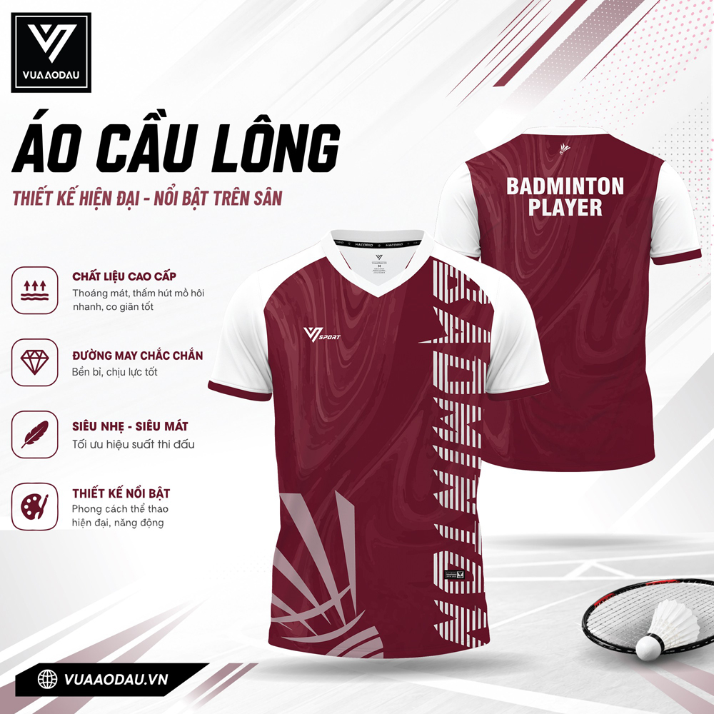 Áo cầu lông VAD-19 đỏ đô trắng siêu nhẹ, chất liệu thoáng mát cho vận động