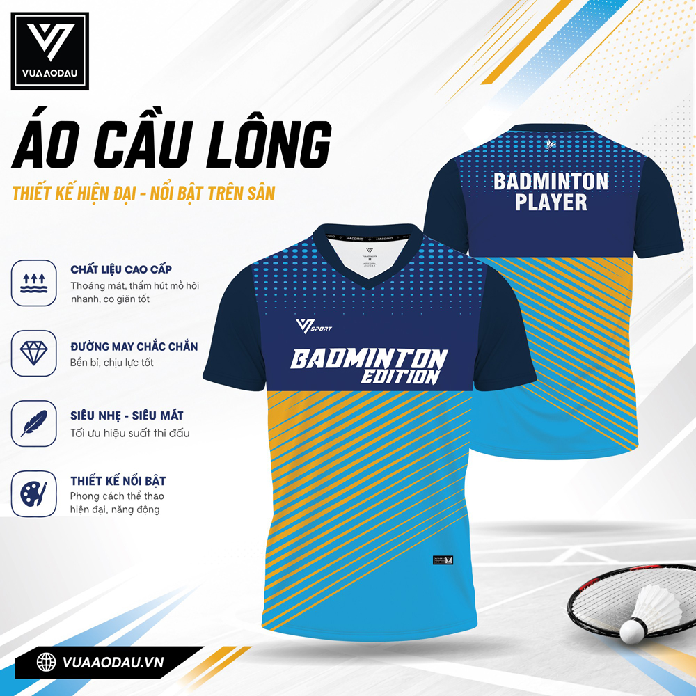 Áo cầu lông phối xanh đậm vàng thiết kế VAD-20 năng động và tiện dụng