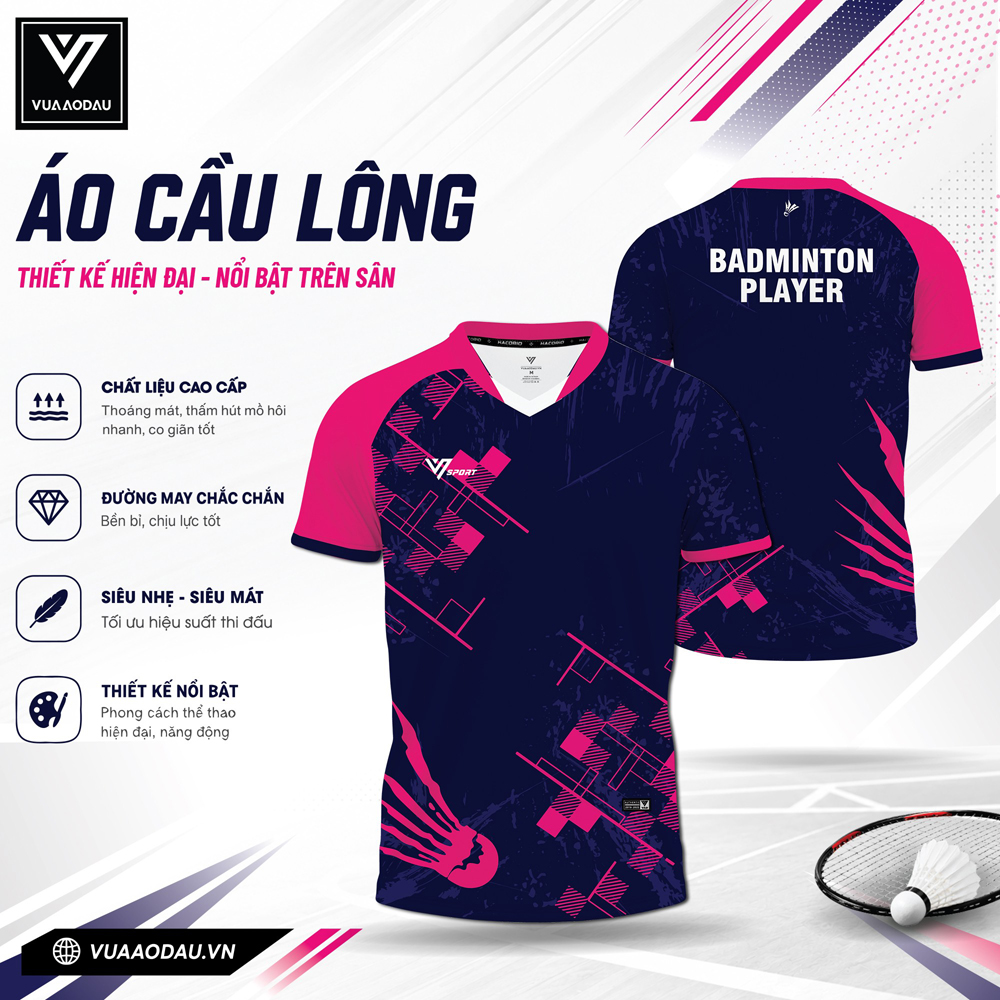 Áo cầu lông VAD-21 xanh đậm phối hồng cho vận động viên thi đấu, siêu nhẹ và thấm hút
