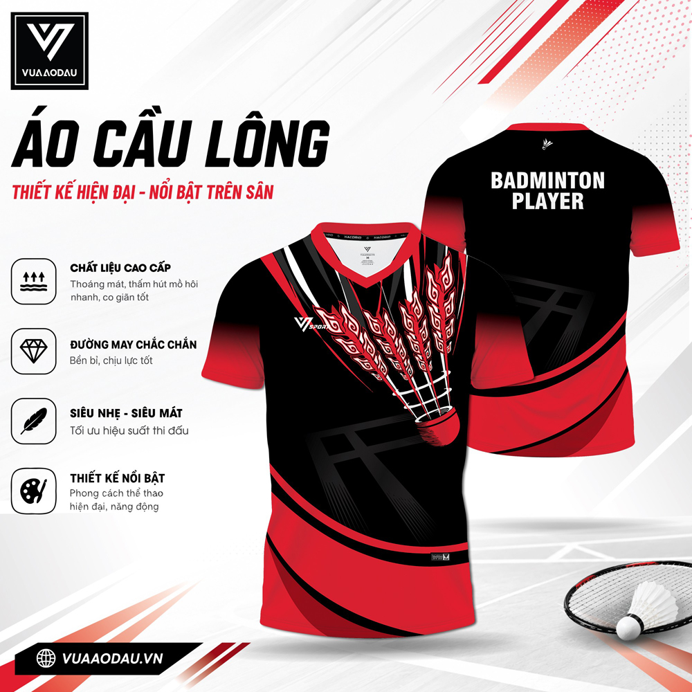 Áo cầu lông thiết kế đen đỏ BADMINTON PLAYER cho vận động viên chuyên nghiệp