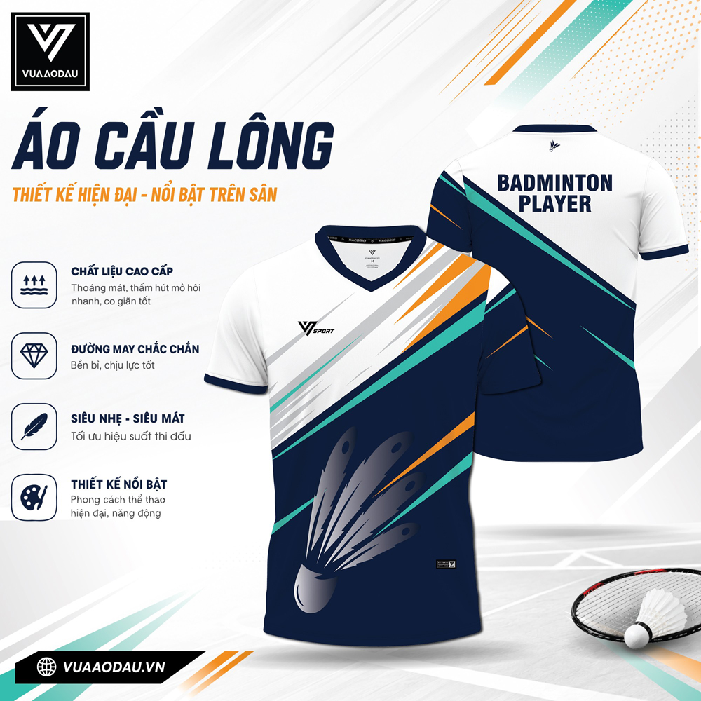 Áo cầu lông xanh đậm phối trắng điểm nhấn cam ngọc VAD-25