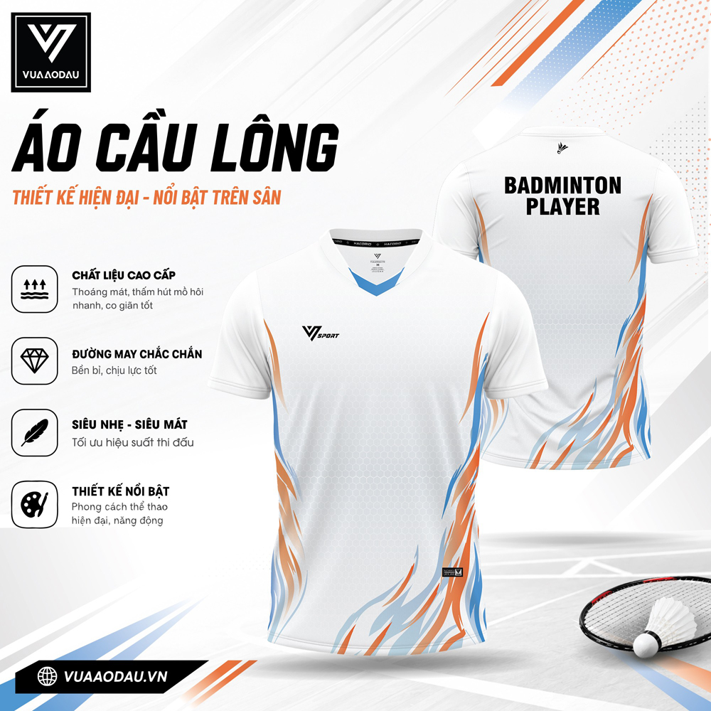 Áo cầu lông trắng cam xanh siêu nhẹ, siêu mát, thiết kế thể thao