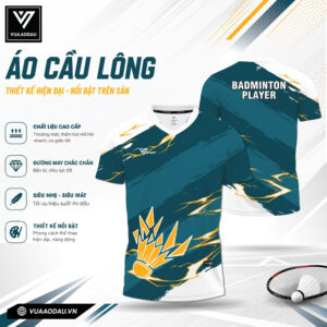 Áo cầu lông xanh cổ vịt VAD-31 – Thoát mồ hôi, siêu nhẹ, họa tiết vàng trắng nổi bật