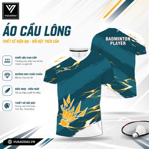 Áo cầu lông xanh cổ vịt VAD-31 – Thoát mồ hôi, siêu nhẹ, họa tiết vàng trắng nổi bật