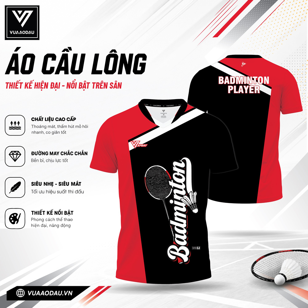 Áo cầu lông VAD-32 màu đỏ, đen, trắng phong cách thể thao nổi bật