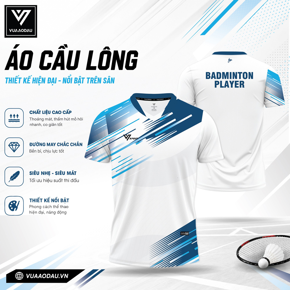 Áo cầu lông trắng xanh dương VAD-35 năng động trẻ trung chất liệu cao cấp