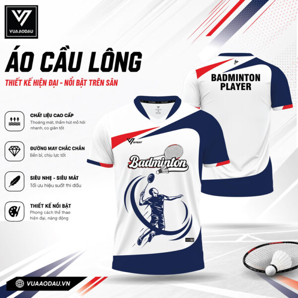 Áo Cầu Lông VAD-36 Trắng Xanh Navy Đỏ Năng Động