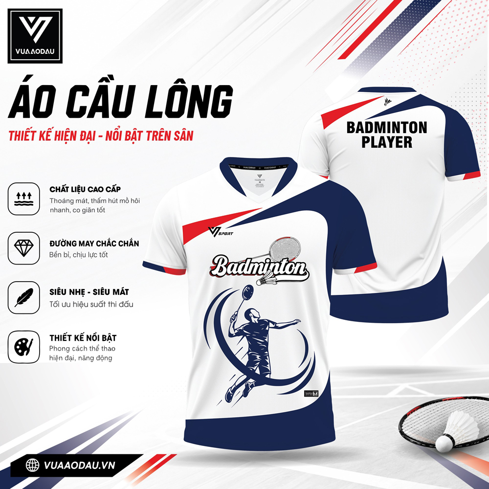 Áo cầu lông VAD-36 trắng xanh navy đỏ thiết kế thể thao, thoáng mát