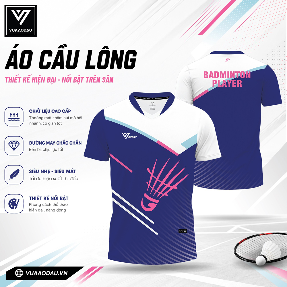 Áo cầu lông nam nữ VAD-38 phối xanh dương trắng hồng thiết kế thể thao