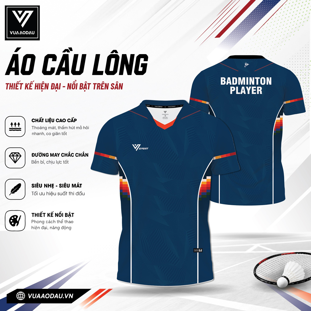 Áo cầu lông VAD-39 màu xanh hiện đại họa tiết thể thao thoáng mát